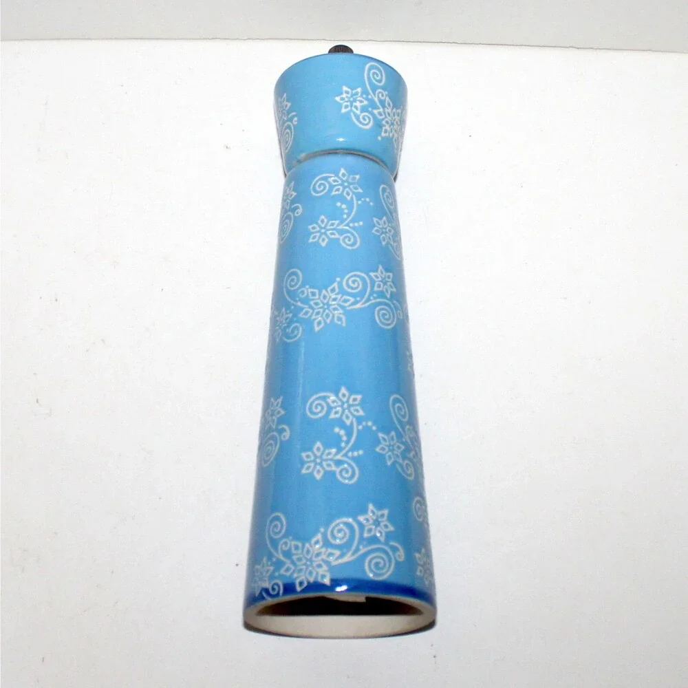 Temptations Pepper Grinder mill ceramic Blue Floral Lace Winter 10” white